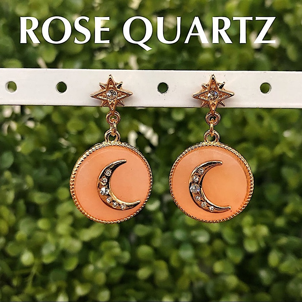 🆕🌿🩷INFLUENCE: ROSE QUARTZ Pave Moon & Star Round Semi Precious Stone